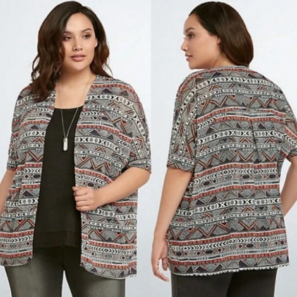 Torrid Plus Size Geo Print Hacci Knit Dolman Open Front Cardigan - Picture 1 of 6
